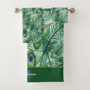 Abstract Peacock Feathers Pattern Monogram Bath Towel Set