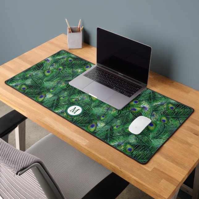 Abstract Peacock Feathers Pattern Monogram Desk Mat (Office 2)