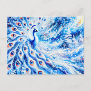 Abstract Peacock in Winter with Snow in Colourful Postcard