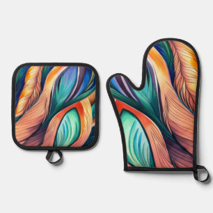 Abstract Peacock Oven Mitt & Pot Holder Set