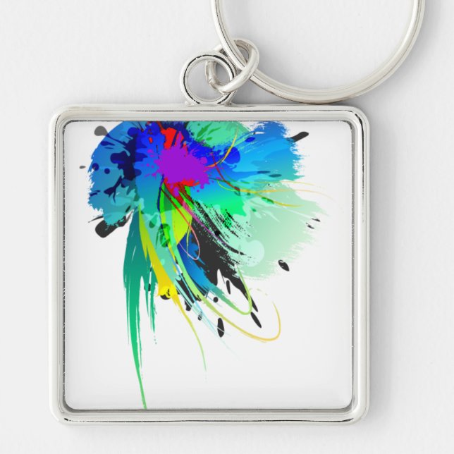 Abstract Peacock Paint Splatters Key Ring (Front)