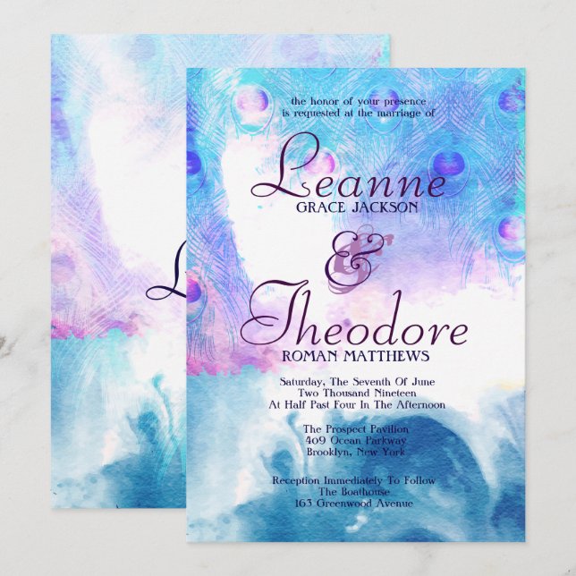 Abstract Peacock, Watercolor Wedding Invitation (Front/Back)
