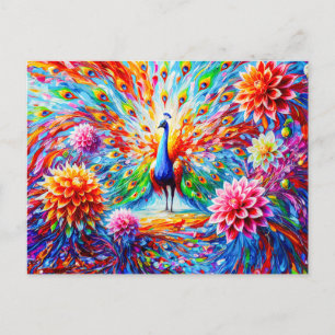 Abstract Peacock with Colorful Dahlias Autumn Postcard