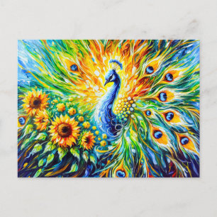 Abstract Peacock with Sunflowers in Painting Postcard
