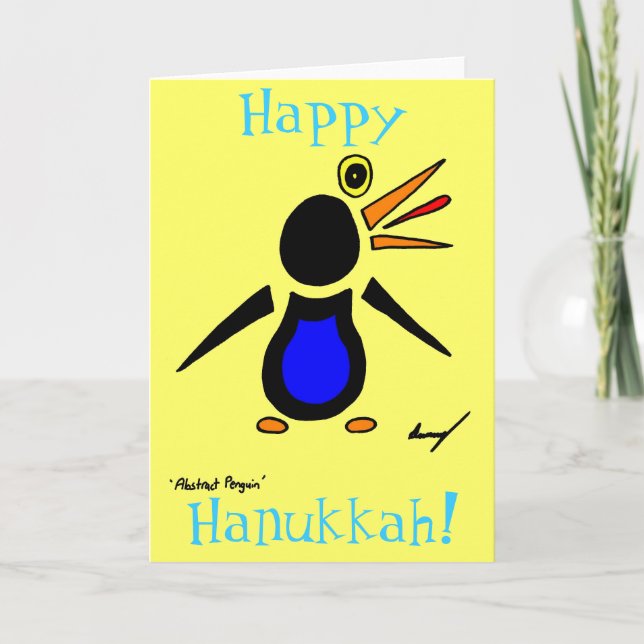 Abstract Penguin 'Happy Hanukkah!' Card - Yellow (Front)