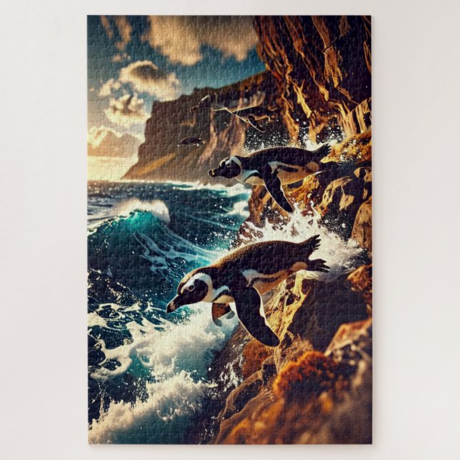 Abstract Penguins Diving - Surreal Cliff Dive Jigsaw Puzzle (Vertical)
