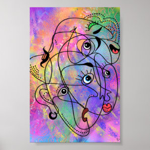 Abstract People Face Moods - Cubism Style Drawing  Poster