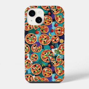 Abstract Pepperoni Pizza On Blue Colour Background iPhone 14 Case