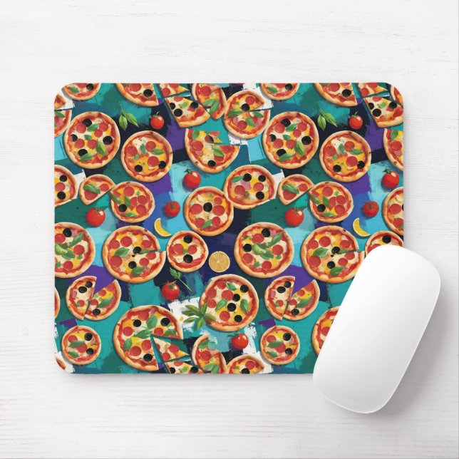 Abstract Pepperoni Pizza On Blue Colour Background Mouse Mat (With Mouse)