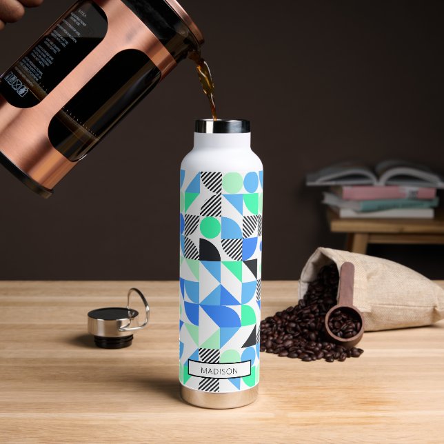 Abstract Personalised Blue Green Geometric Water Bottle (Coffee)