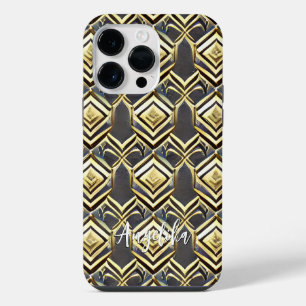 Abstract Personalised Chevron Black and Gold Name iPhone 14 Pro Max Case