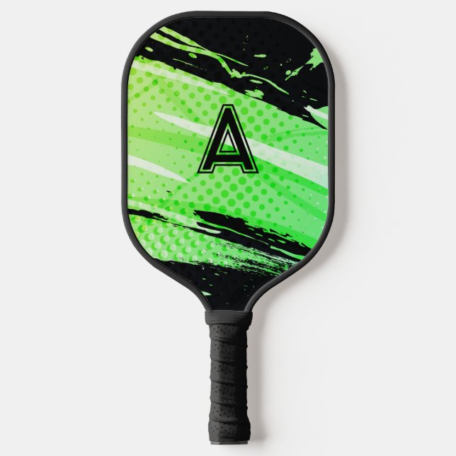 Abstract Personalised Initial Fun Green & Black  Pickleball Paddle (Front)