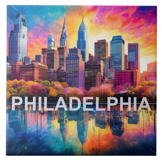 Abstract Philadelphia Skyline Art Modern City Tile (Front)