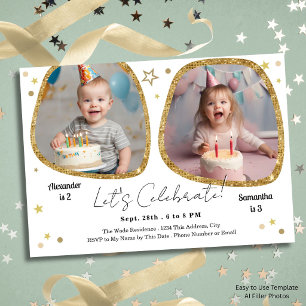 Abstract Photo Double Birthday Kids Party Gold Invitation