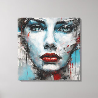 Abstract picture blue, gray, red woman face canvas print