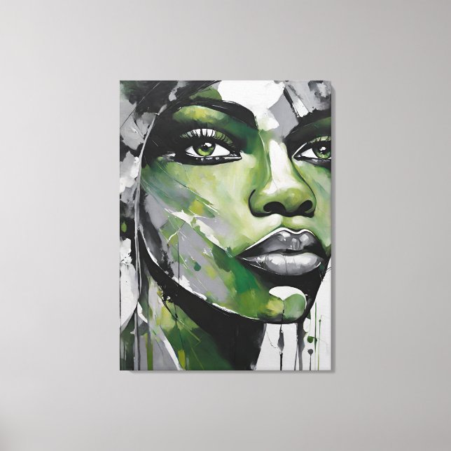 Abstract picture gray green woman face black canvas print (Front)