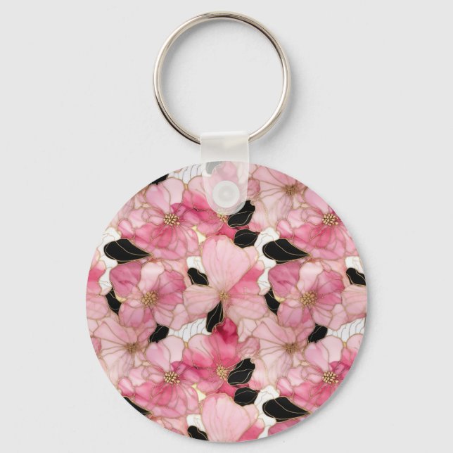 Abstract Pink And Black Alcohol Ink Art Key Ring (Front)