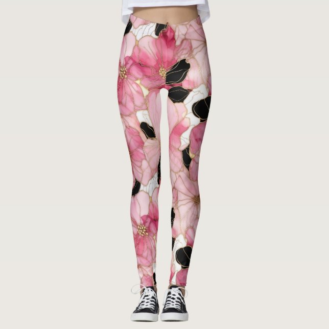 Abstract Pink And Black Alcohol Ink Art Leggings (Front)