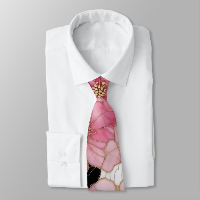 Abstract Pink And Black Alcohol Ink Art Tie (Tied)