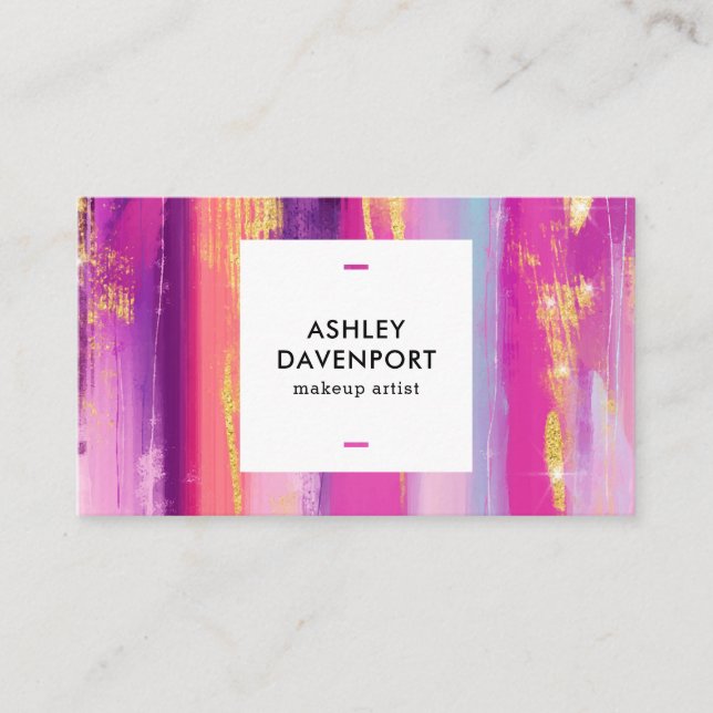 Abstract pink and gold glitter brushstrokes makeup business card (Front)