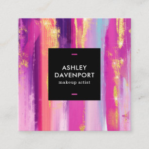 Abstract pink and gold glitter brushstrokes makeup square business card