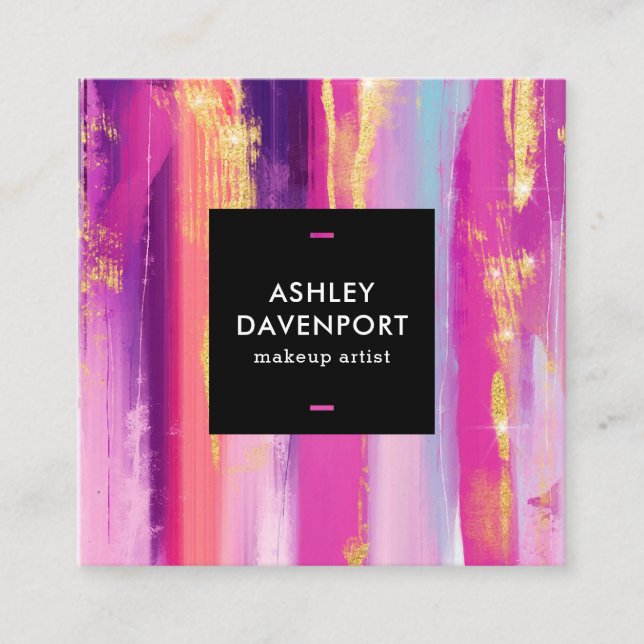 Abstract pink and gold glitter brushstrokes makeup square business card (Front)