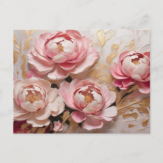 Abstract Pink and Gold Peony Flowers Postcard (Front)