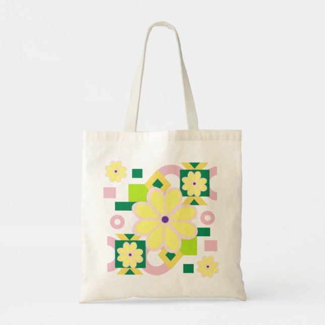 Abstract Pink and Green Pattern with Yellow Flower Tote Bag (Back)