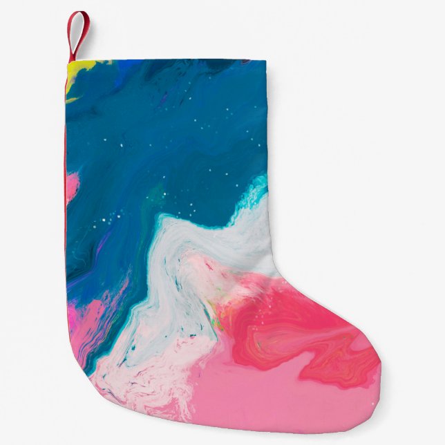 Abstract pink and turquoise paint background with  small christmas stocking (Front)