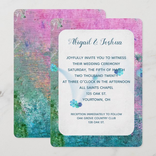 abstract pink and turquoise paint texture wedding invitation (Front/Back)
