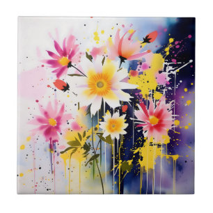 Abstract Pink and Yellow Floral Plant Tile