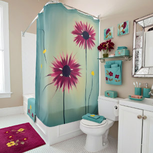 Abstract pink and yellow flowers minimalist art shower curtain