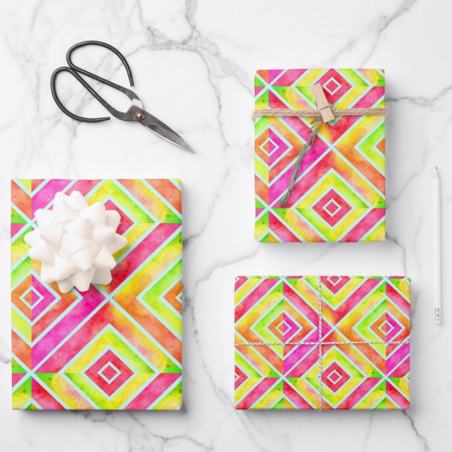 Abstract pink and yellow geometric square tiles wrapping paper sheet (Front)