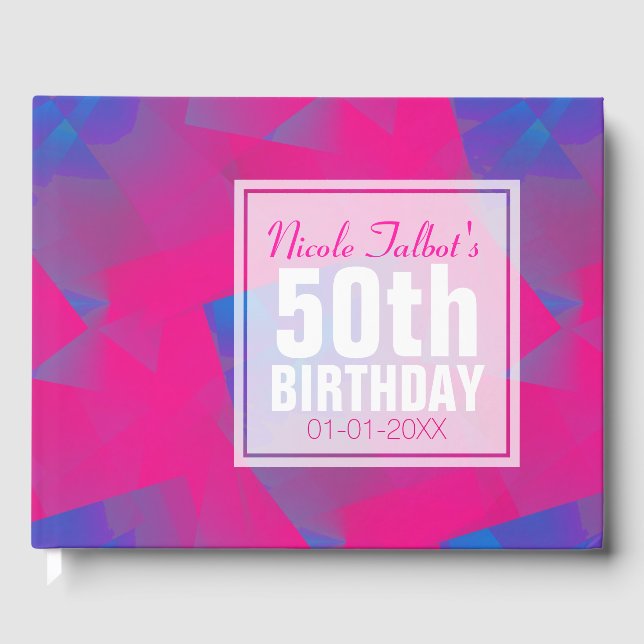Abstract Pink Blue 50th Birthday Guest Book (Front)