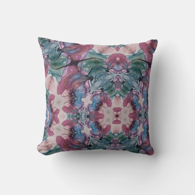 Abstract pink blue and green Floral Cushion (Front)