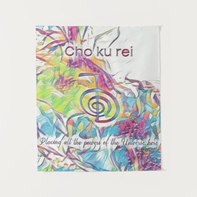  Abstract Pink, Blue Green Reiki Symbol Cho Ku Rei Tapestry (Front)