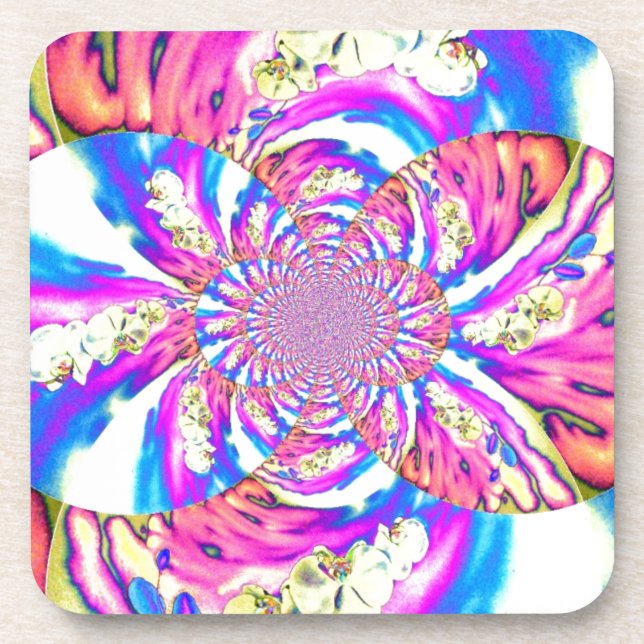 Abstract pink blue retro floral mandala coaster (Front)