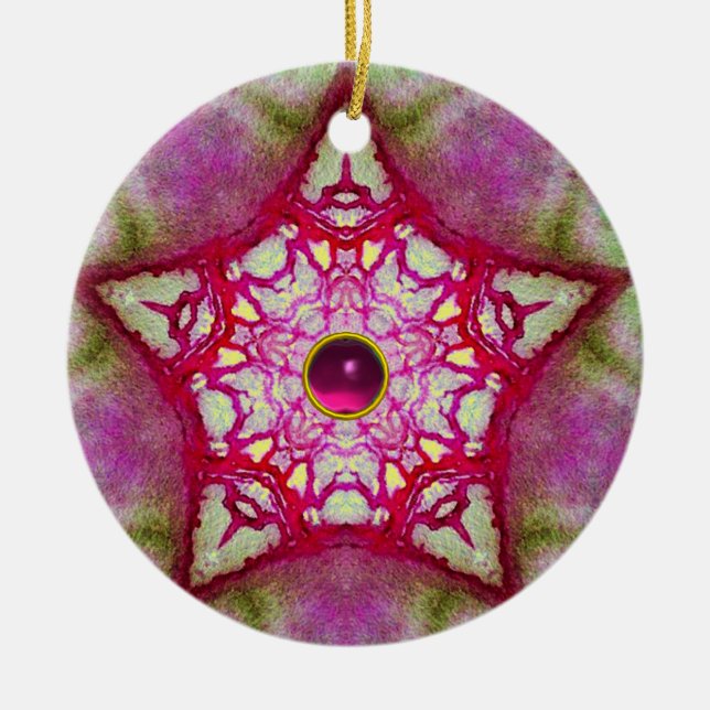ABSTRACT PINK BLUE STAR WITH FUCHSIA GEM STONE CERAMIC TREE DECORATION (Front)