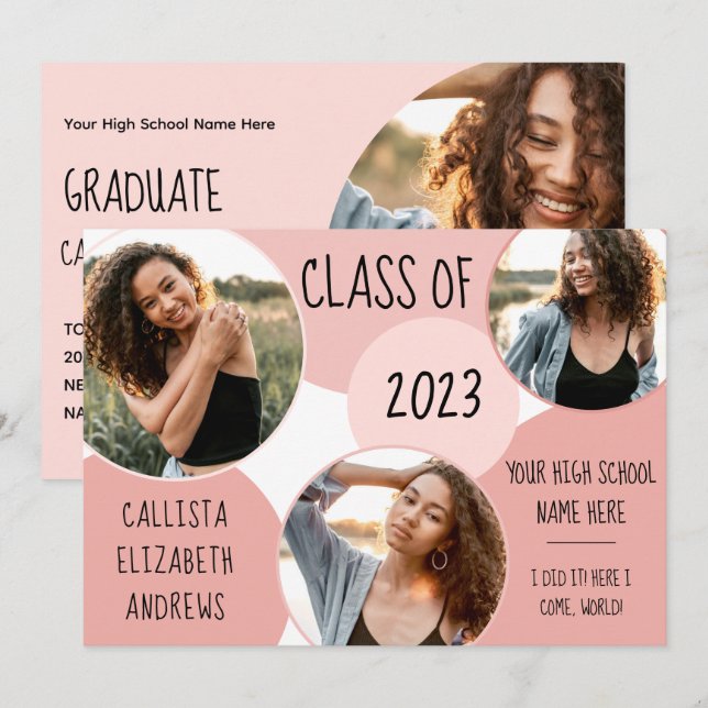 Abstract Pink Circle Geo Photo Graduation Announcement (Front/Back)