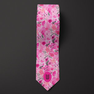 Abstract Pink Floral Monogram Tie