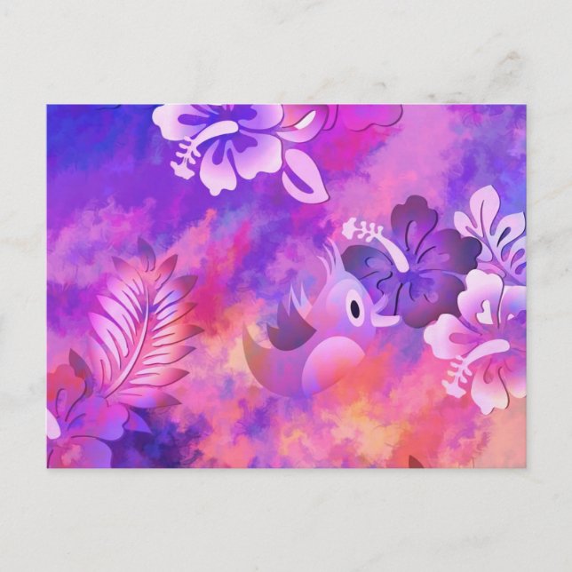 Abstract Pink Flowers and Bird Art Postcard (Front)