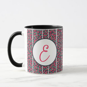 Abstract pink flowers and white stripes monogram mug