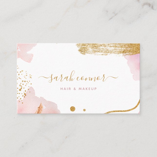 Abstract Pink Gold Script Watercolor  Business Card (Front)