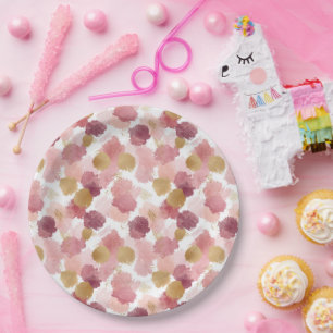 Abstract Pink & Gold Watercolor Strokes Paper Plate