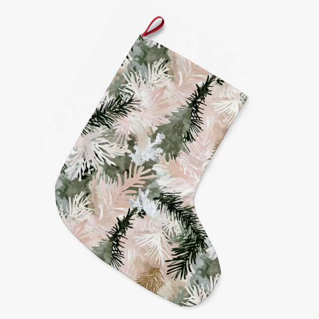 Abstract Pink Green Christmas trees Large Christmas Stocking (Front (Hanging))