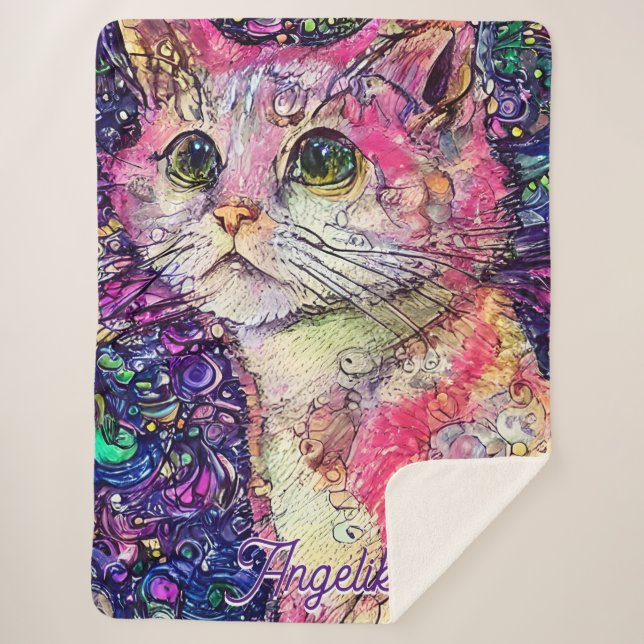Abstract Pink Kitten Personalised Name  Sherpa Blanket (Front)