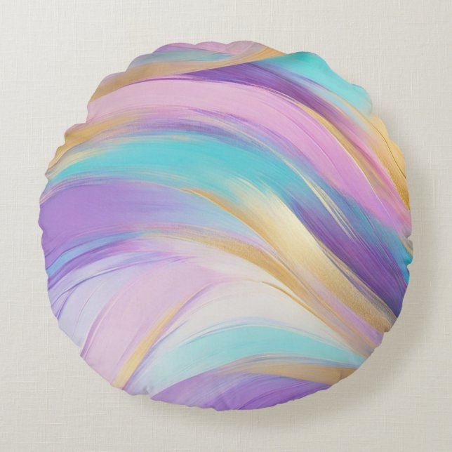 Abstract Pink Lilac Turquoise Gold Round Cushion (Front)