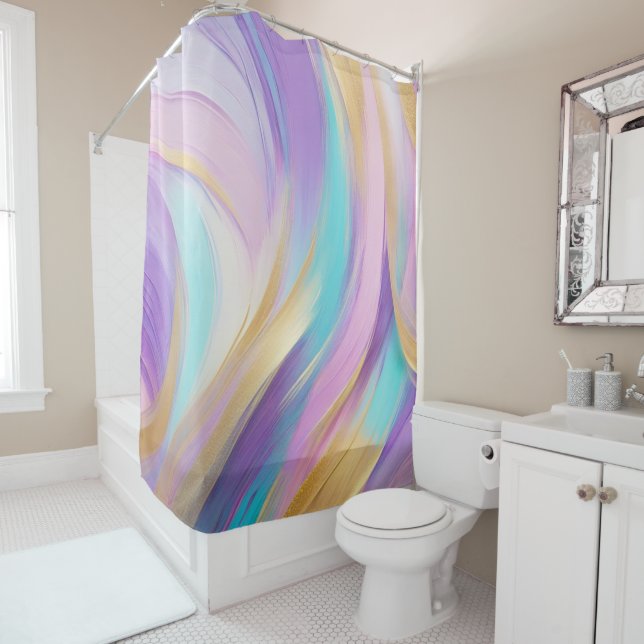 Abstract Pink Lilac Turquoise Gold Shower Curtain (In Situ)