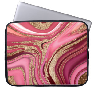 Abstract pink liquid marble with glitter gold laptop sleeve