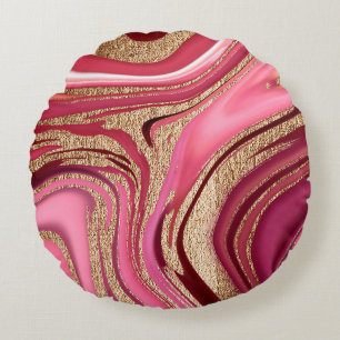 Abstract pink liquid marble with glitter gold round cushion